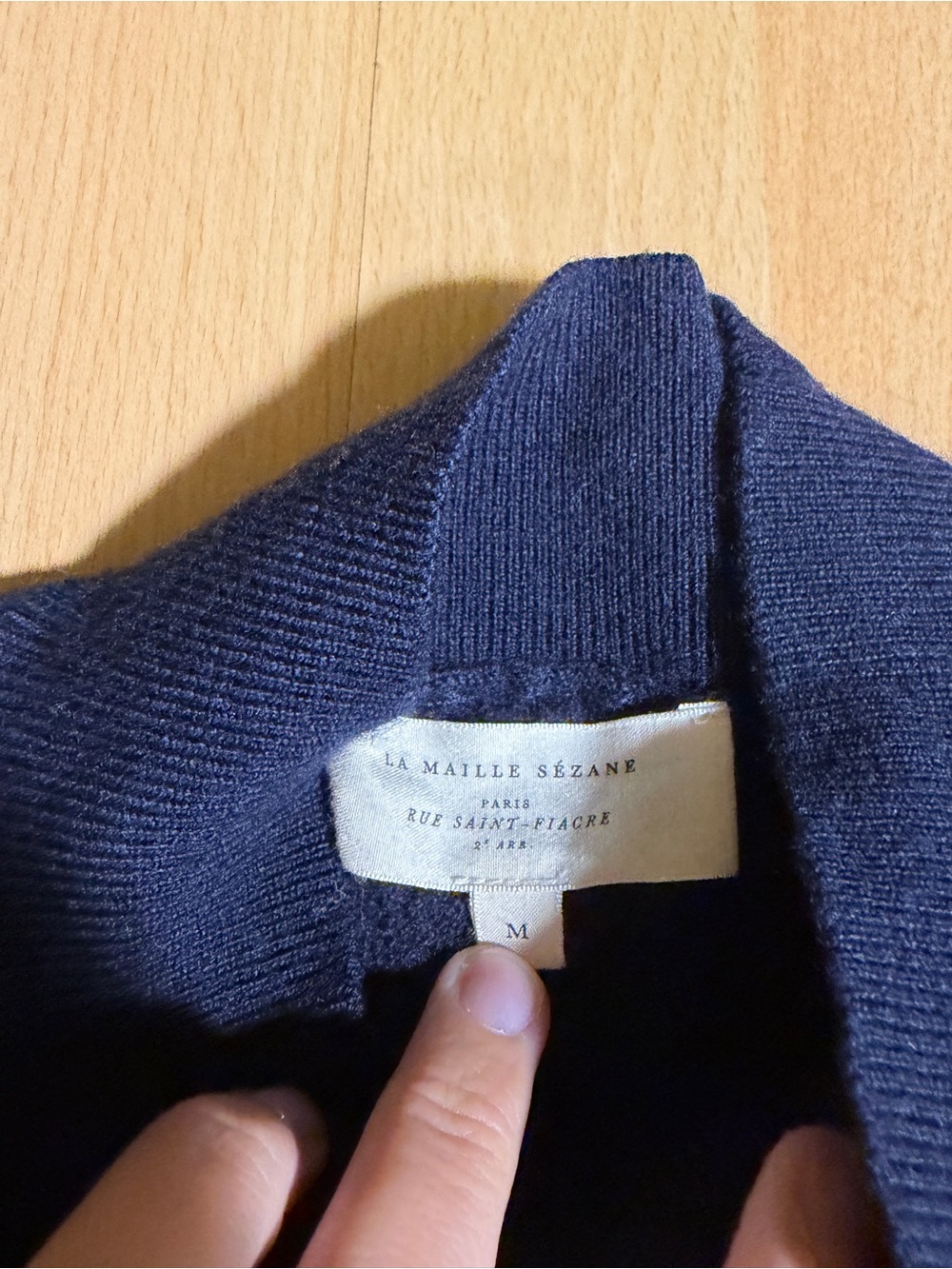 Sezane Anneli Sweater 100% Merino Wool Navy Lace-Inset Mockneck Pointelle Knit M - Picture 9 of 13